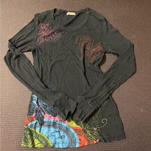 Love Rocks Black Long Sleeve Top with Multicolor Butterfly Design